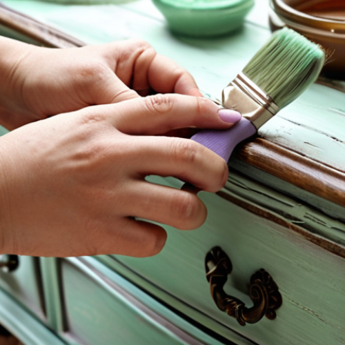 Home 15 **
"Close-up shot of a person's hands applying chalk paint to an ornate, antique wooden dresser. The dresser is partially painted in a distressed, pastel color (like a soft lavender or mint green). Paint brushes, sanding paper, and a jar of wax are visible in the background. Soft, natural light. French country style."
**