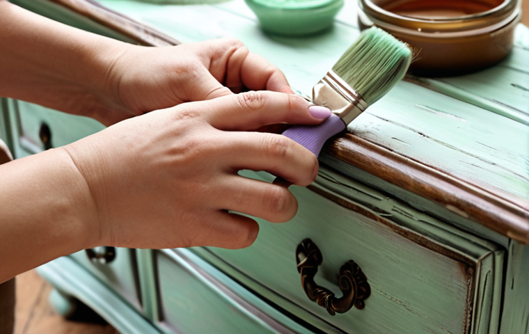 **
"Close-up shot of a person's hands applying chalk paint to an ornate, antique wooden dresser. The dresser is partially painted in a distressed, pastel color (like a soft lavender or mint green). Paint brushes, sanding paper, and a jar of wax are visible in the background. Soft, natural light. French country style."
**