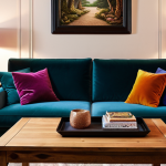 **

A cozy living room showcasing a blend of natural materials like wood and velvet in furniture, complemented by colorful cushions. Soft, ambient lighting from a fabric-shaded lamp enhances the inviting atmosphere.

**