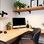 **Prompt:** Ergonomic home office setup. Focus on a height-adjustable desk with a light wood top, an ergonomic chair with adjustable lumbar support, and a well-organized space with wall shelves and LED desk lamp. Include a touch of nature with a small plant on the desk.