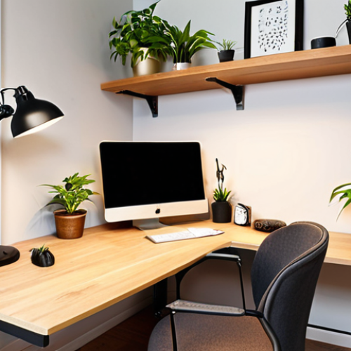 Home 7 **Prompt:** Ergonomic home office setup. Focus on a height-adjustable desk with a light wood top, an ergonomic chair with adjustable lumbar support, and a well-organized space with wall shelves and LED desk lamp. Include a touch of nature with a small plant on the desk.