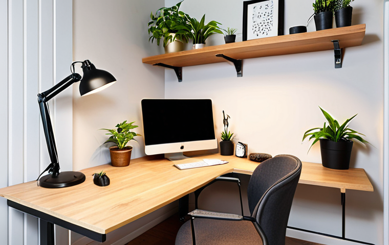 **Prompt:** Ergonomic home office setup. Focus on a height-adjustable desk with a light wood top, an ergonomic chair with adjustable lumbar support, and a well-organized space with wall shelves and LED desk lamp. Include a touch of nature with a small plant on the desk.