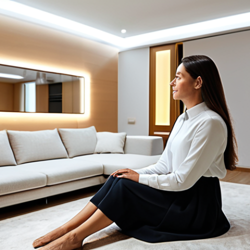 Home 8 A professional woman, fully clothed in modest, comfortable attire, seated comfortably in a modern, minimalist living room. The integrated smart LED lighting subtly shifts from a bright, invigorating white light to a warm, soft amber glow, illustrating adaptability for well-being. Ambient light emanates from hidden LED strips behind furniture and recessed ceiling fixtures. The scene captures a sense of tranquility and technological harmony, perfect anatomy, correct proportions, natural pose, well-formed hands, proper finger count. Professional photography, high quality, safe for work, appropriate content, family-friendly.