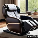 Home 22 안마의자 가격 비교 - A modern massage chair in a cozy living room setting designed for the French market, featuring genui...