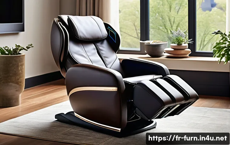 안마의자 가격 비교 - A modern massage chair in a cozy living room setting designed for the French market, featuring genui...