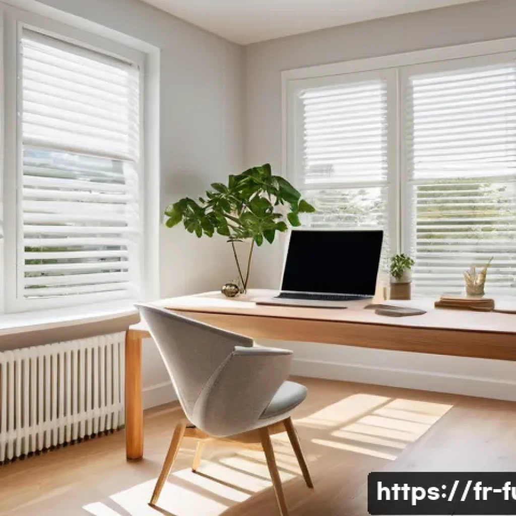 사무실 조명 배치법 - A modern French home office bathed in soft natural daylight streaming through large windows, featuri...