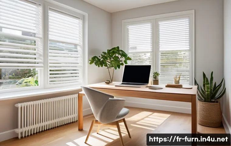 사무실 조명 배치법 - A modern French home office bathed in soft natural daylight streaming through large windows, featuri...
