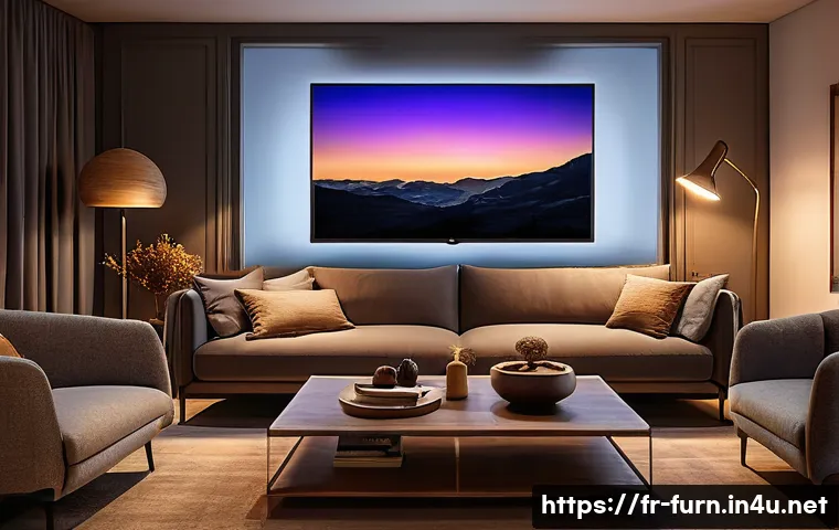 필립스 휴 활용법 - A modern French living room at dusk, featuring warm, dimmable smart LED bulbs casting a soft amber g...