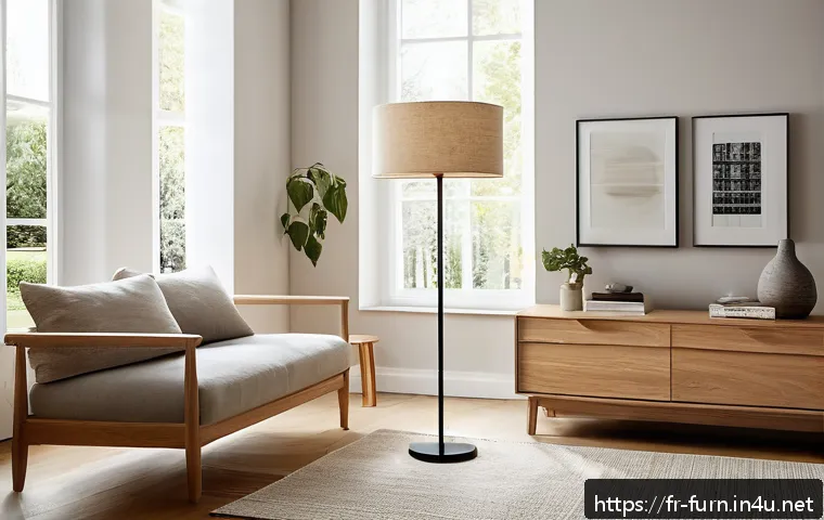 스탠드 조명 추천 - A cozy living room scene featuring a tall floor lamp made of light oak wood with a smooth texture an...