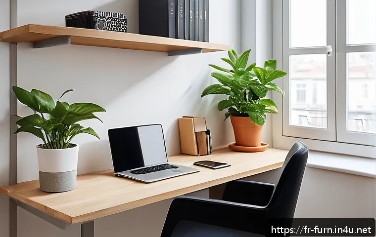 오피스 가구 배치법 - A compact, modern small home office corner designed for a French apartment, featuring a sleek desk w...