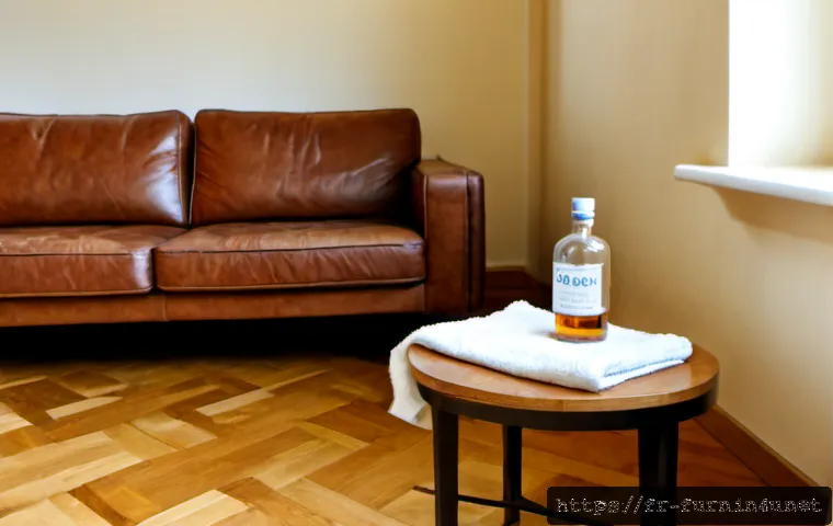 가죽 소파 관리법 - Photorealistic French apartment living room, a well-kept cognac leather sofa being gently wiped with...