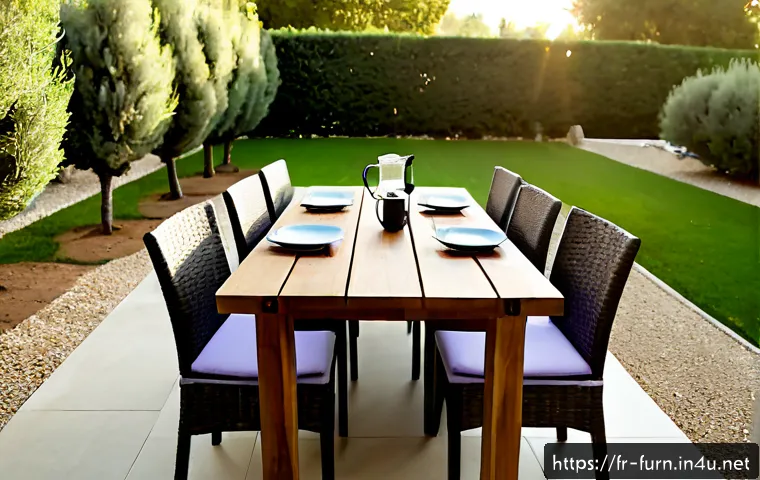 야외용 테이블 인기 제품 - Photorealistic French suburban garden terrace featuring a popular outdoor dining table, warm natural...